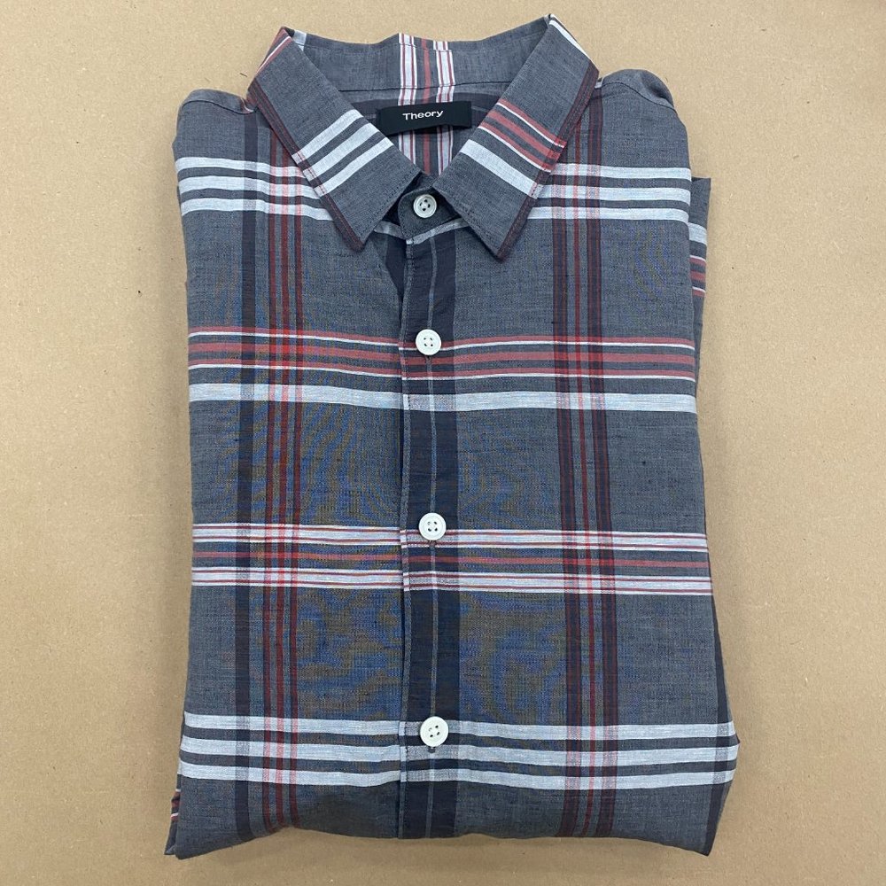 Theory - Mens LSBF Plaid Shirt - Red, Gray, Black- Size Large